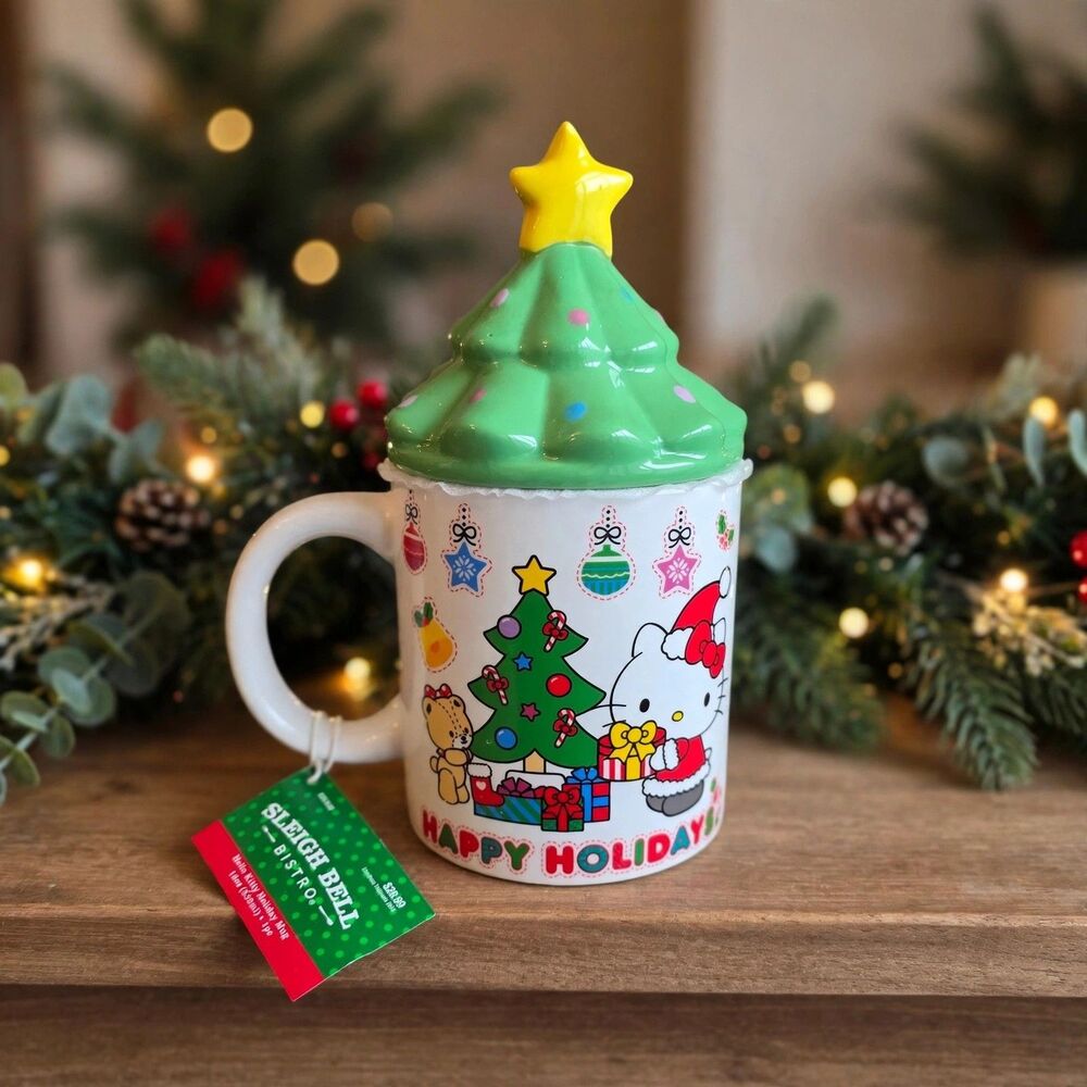 New Hello Kitty Christmas Tree Lid Mug 18 oz Sleigh Bell Bistro NWT 2024 Holiday